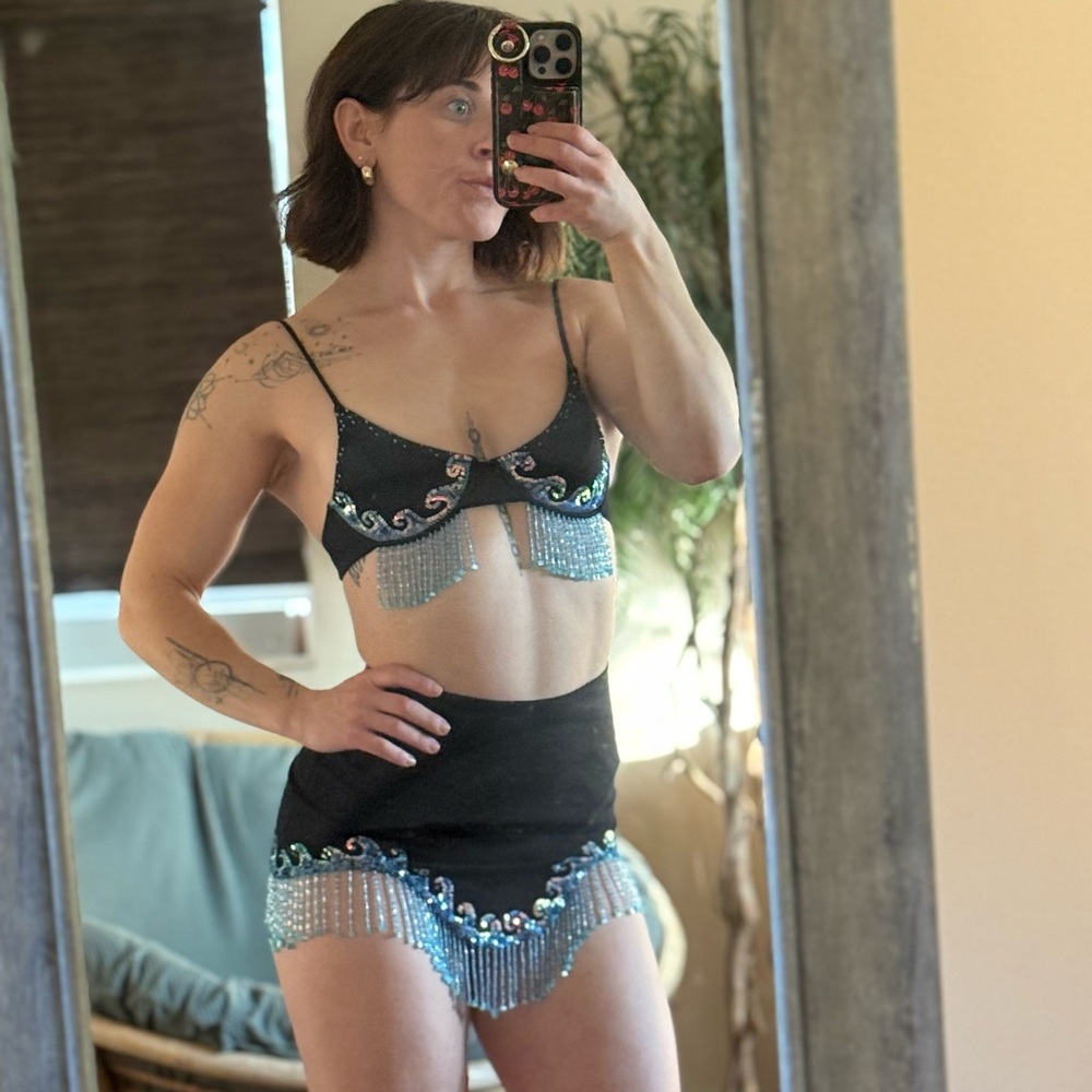 Chic Black and Blue Beaded Bra Set